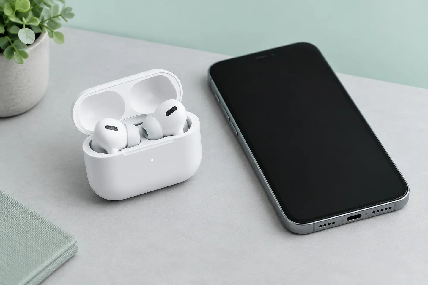 AI-illustratie van draadloze oordopjes in een open case naast een telefoon; geen specifiek AirPods-model