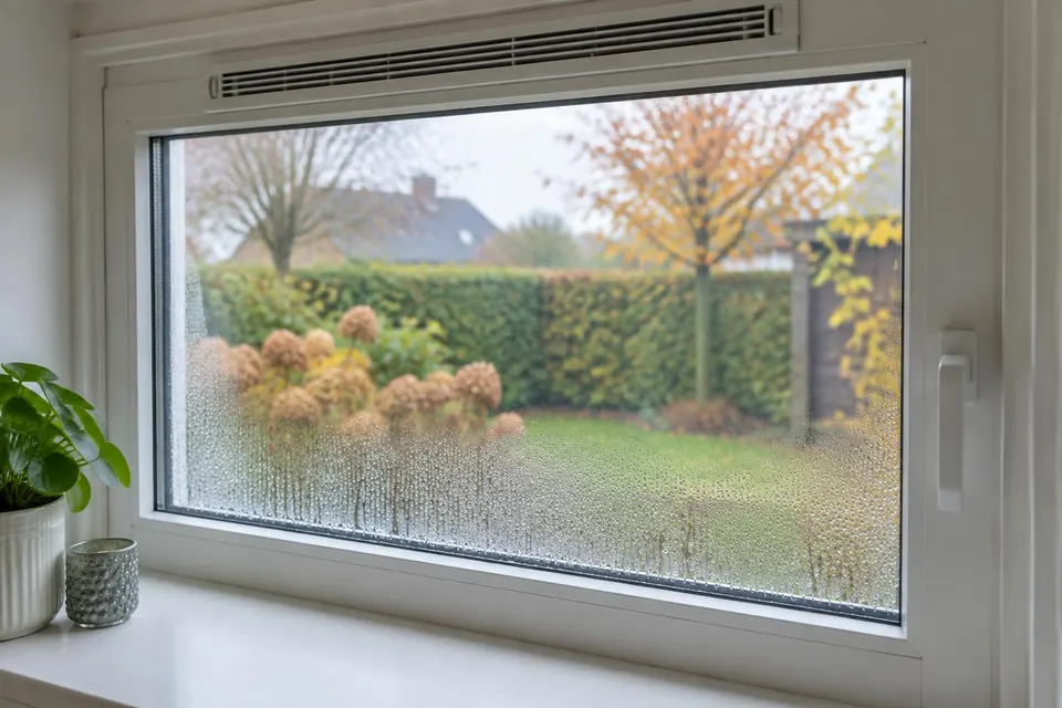 AI-illustratie van condensdruppels op een raam met een ventilatierooster in een woning