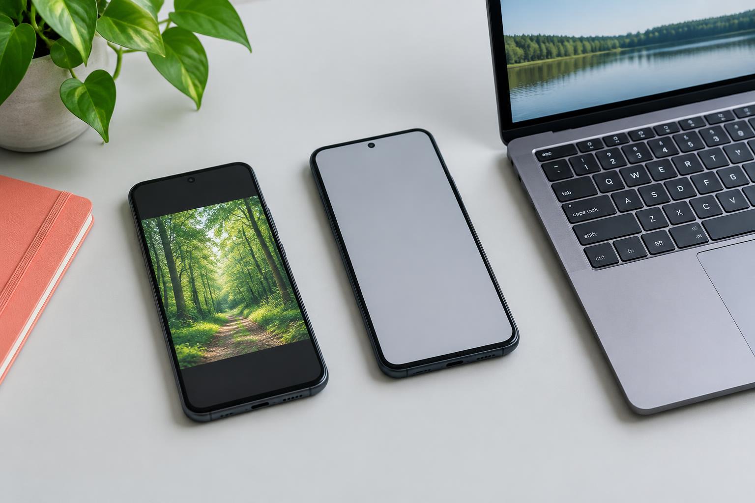 Illustratie van twee smartphones en een laptop voor draadloos bestanden delen; AI-gemaakt, geen specifiek Apple-model.