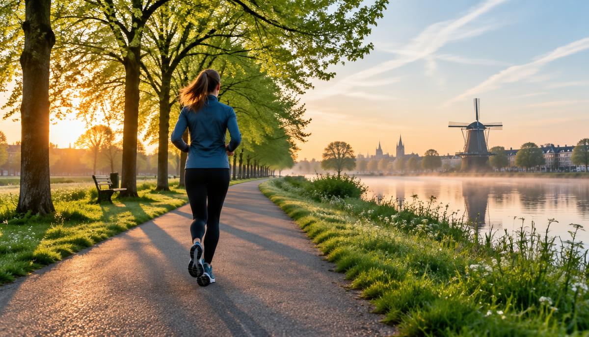 Hardloper op een parkpad bij zonsopkomst langs een Nederlandse vaart