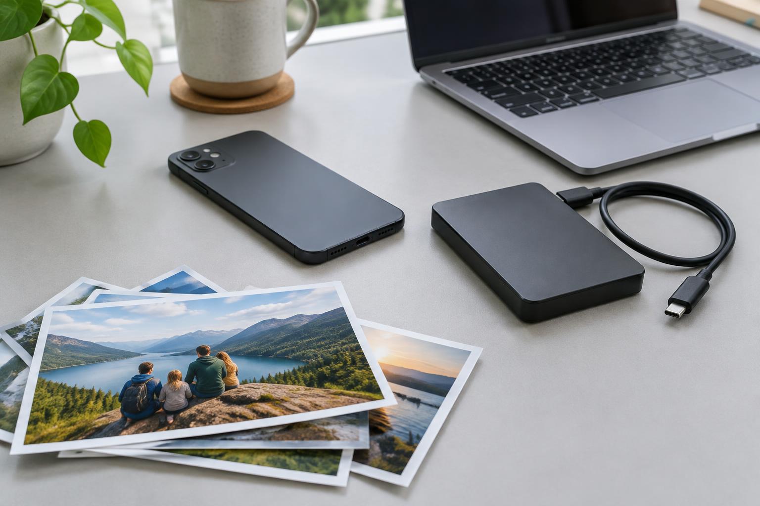 Illustratieve werkplek met een telefoon, externe schijf en afgedrukte foto’s; AI-gemaakt beeld over gegevens bewaren.