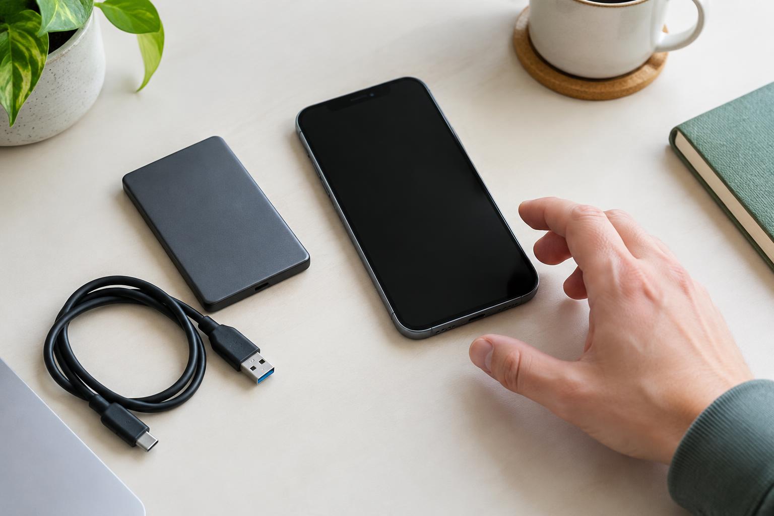 AI-illustratie van een smartphone naast een externe SSD en USB-kabel op een bureau