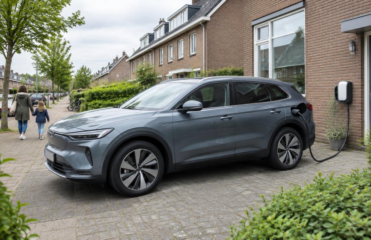 Elektrische gezinsauto wordt thuis opgeladen op een Nederlandse oprit