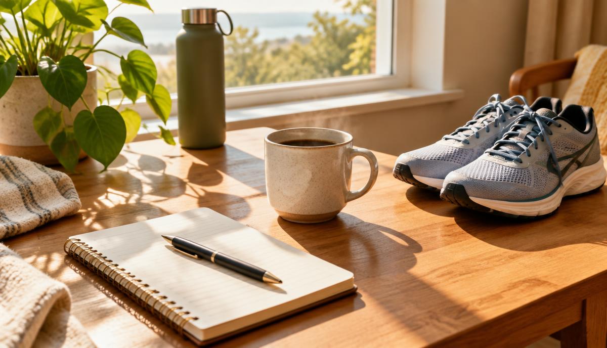 Ochtendtafel met koffie, notitieboek en hardloopschoenen bij een zonnig raam