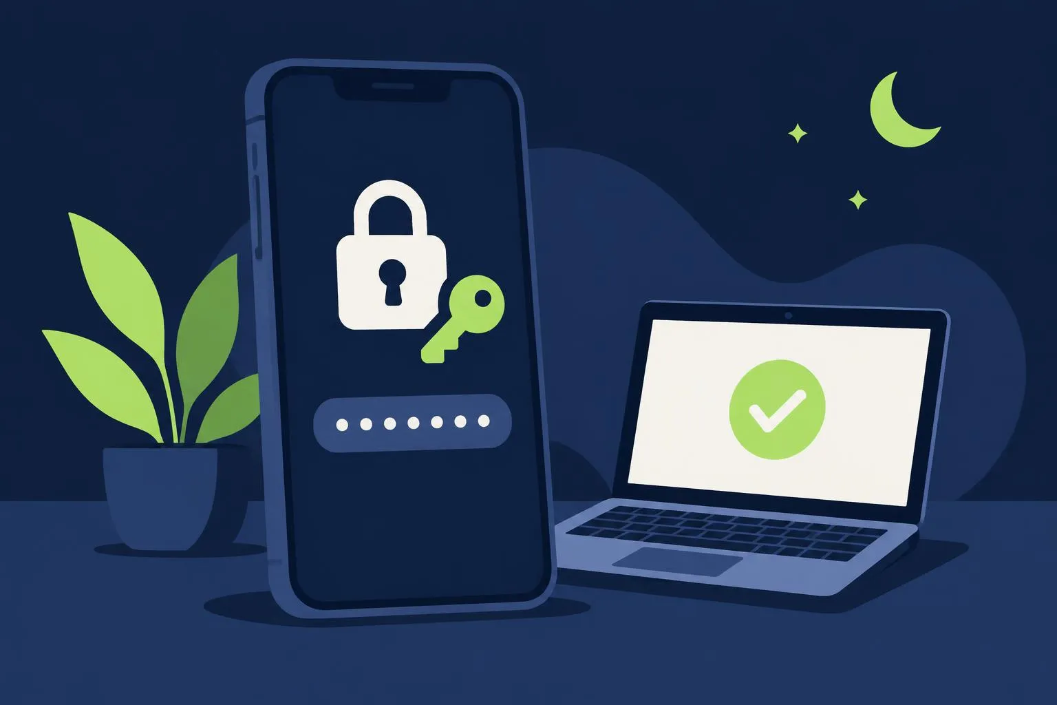 AI-illustratie van een smartphone met slot, sleutel en wachtwoordveld naast een laptop met vinkje; geen specifiek Apple-product