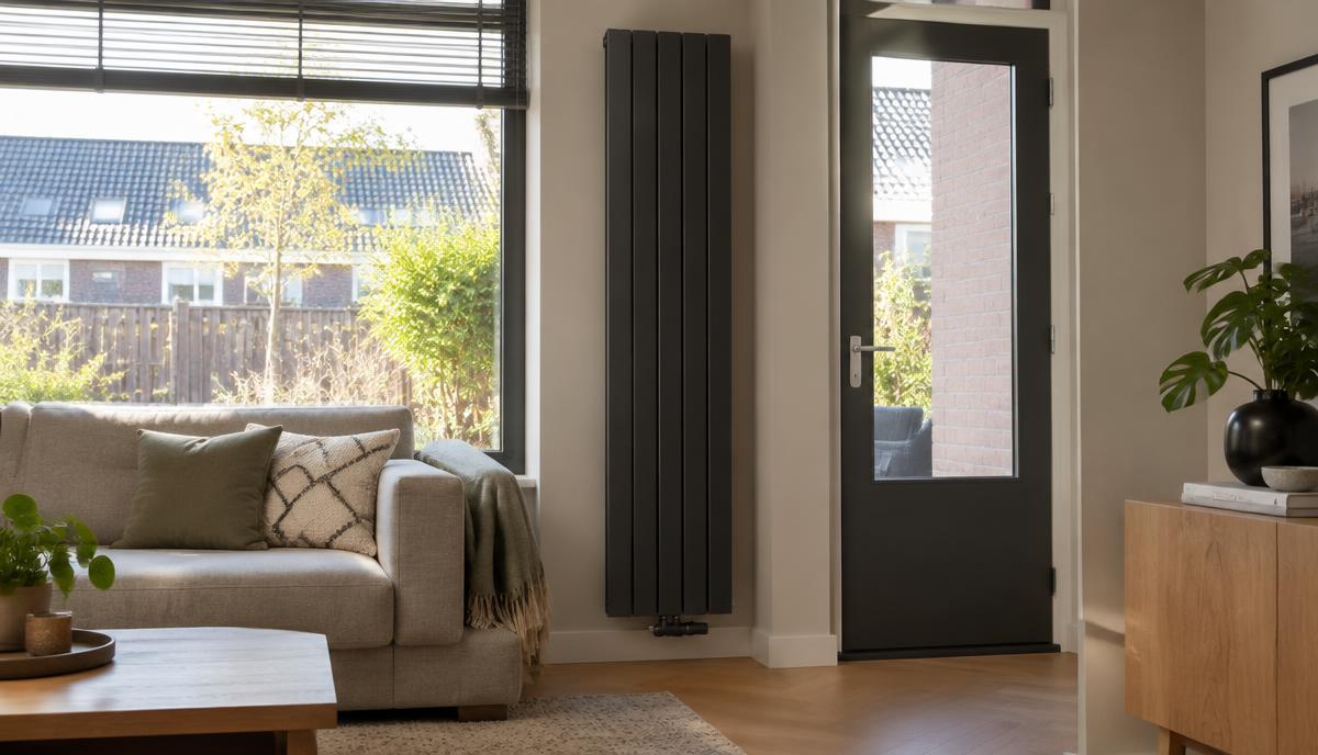 Slanke antraciet verticale radiator op een smalle wand tussen raam en deur in een moderne woonkamer