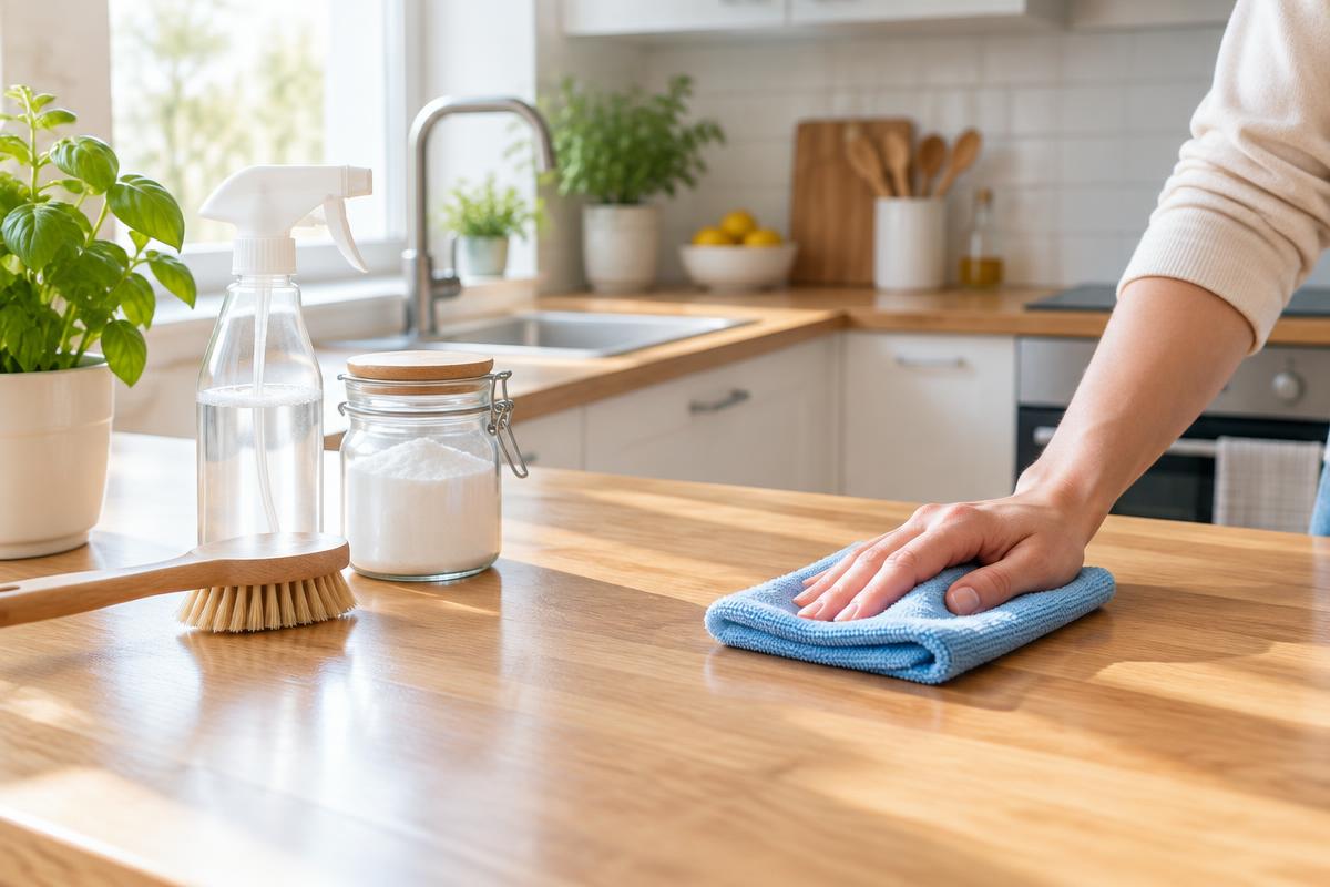 Hand neemt een houten aanrecht af met een blauwe microvezeldoek naast een plantspuit en een pot baking soda