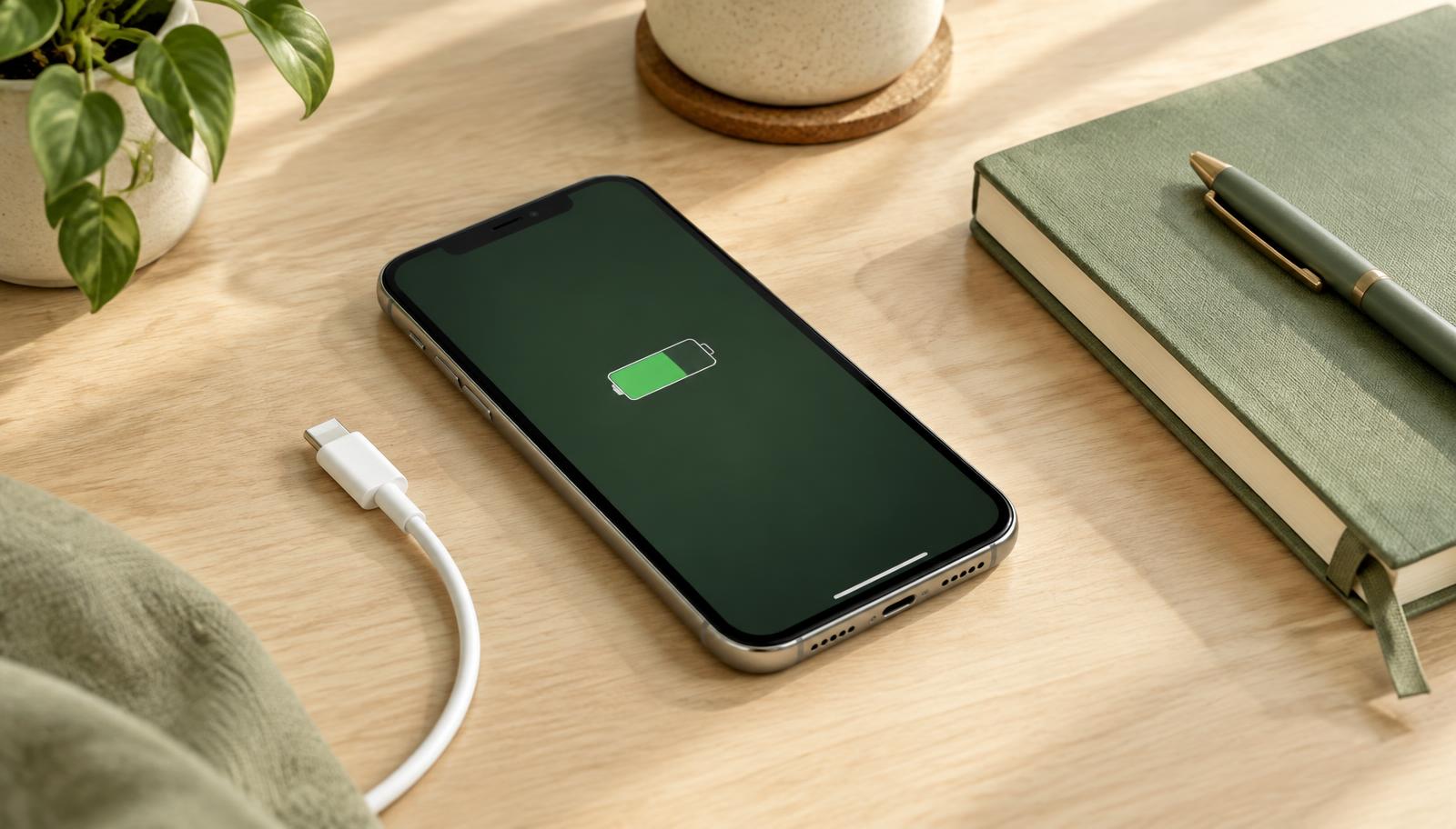 AI-illustratie van een smartphone met batterijsymbool op het scherm en een oplaadkabel op een houten bureau