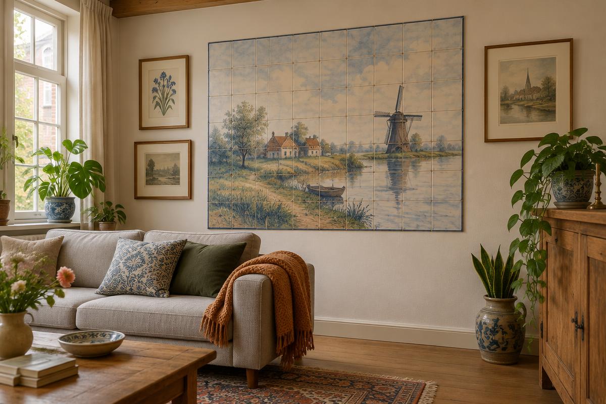 Woonkamer met een groot tegeltableau van een Hollands landschap met molen boven een bank