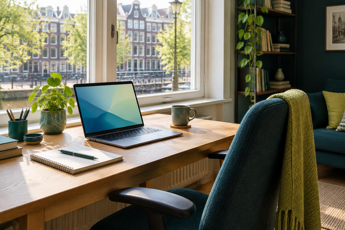 Thuiswerkplek met laptop, notitieboek en plant bij een raam met uitzicht op een gracht